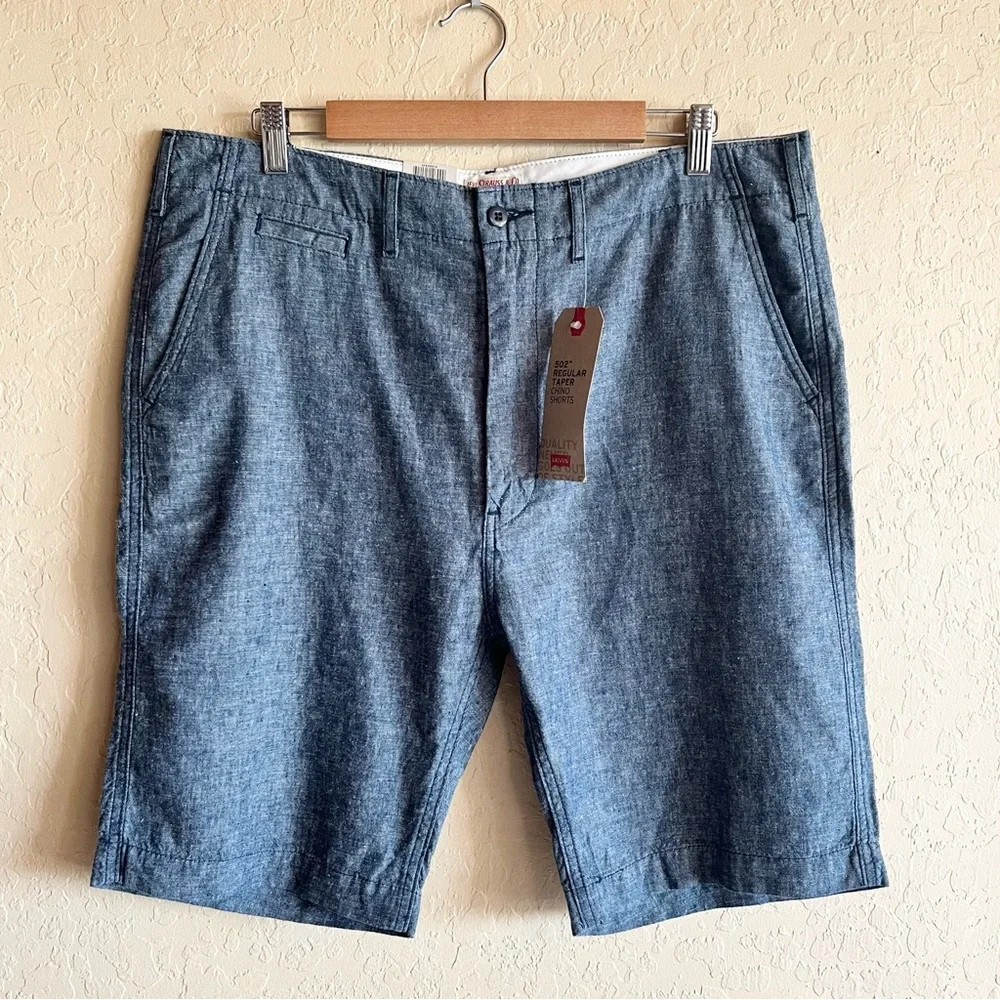 NWT Levi’s 502 Regular Taper Chino Shorts Blue Chambray Linen Cotton